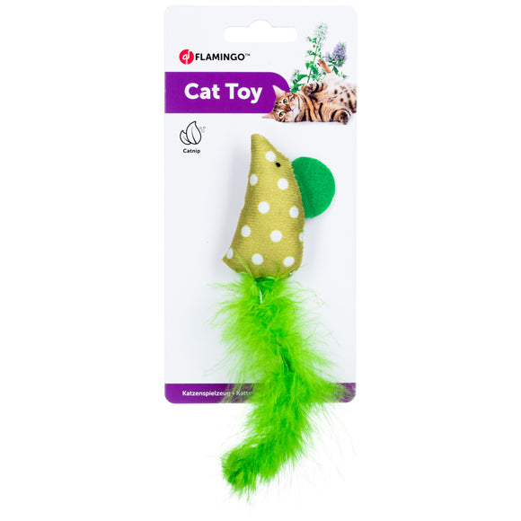 Flamingo Cat Polka Mouse Feather Toy – 17cm Blue Catnip Mouse with Polka Dots