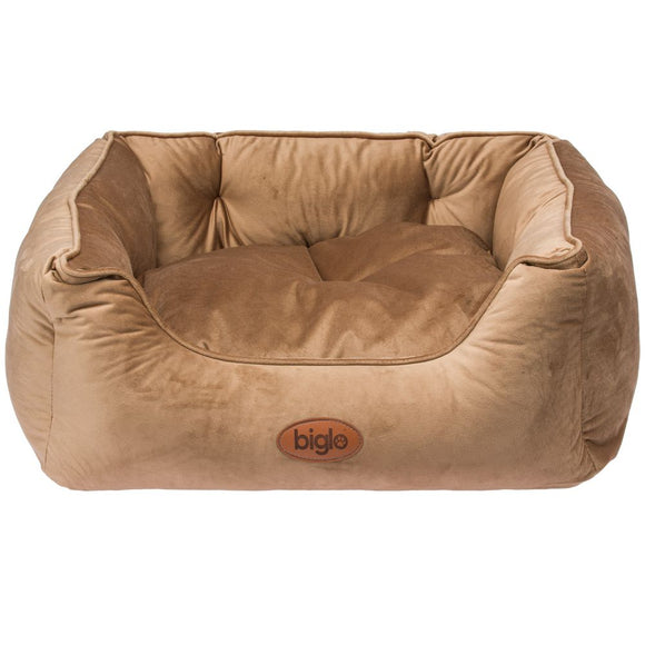 Biglo Velur Love Lux Brown Velvet Pet Bed – Large, Piped Edges, Plush Comfort