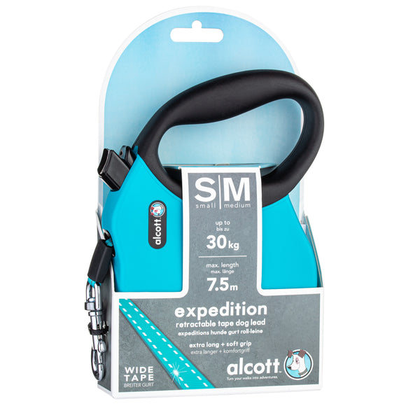 Alcott Expedition Retractable Leash 7.5m Blue – Long Durable Tape, Smooth Control, S/M Size