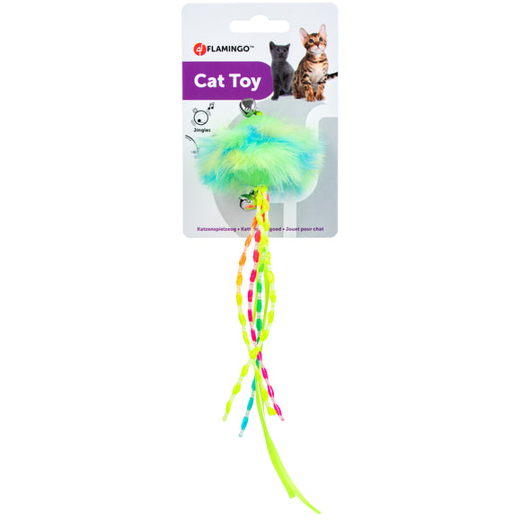 Flamingo Howi Cat Ball – Rubber Toy with Fur, Ribbons, and Bells, Blue