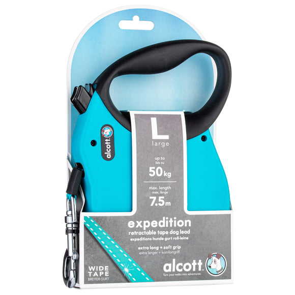 Alcott Expedition Retractable Leash 7.5m Blue – Long Durable Tape, Smooth Control, S/M Size