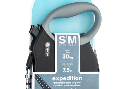 Alcott Expedition Retractable Leash 7.5m Black – Long Durable Tape, Smooth Locking, S/M Size