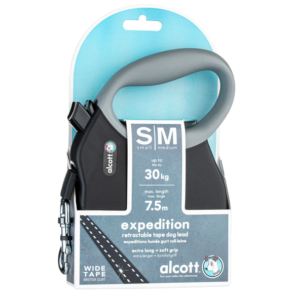 Alcott Expedition Retractable Leash 7.5m Black – Long Durable Tape, Smooth Locking, S/M Size