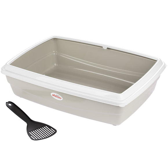 Record Jumbo Cat Litter Box M – Tall Design with Frame and Scoop, Beige Gray