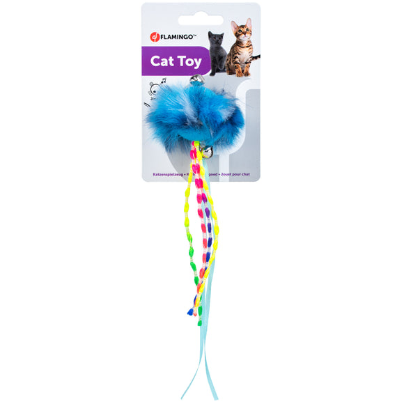 Flamingo Howi Cat Ball – Rubber Toy with Fur, Ribbons, and Bells, Blue