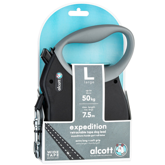 Alcott Expedition Retractable Leash 7.5m Black – Long Durable Tape, Smooth Locking, S/M Size