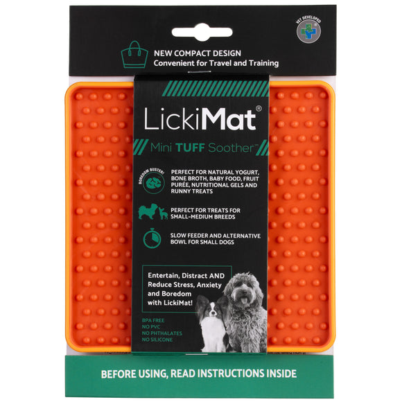 LickiMat Mini Tuff Soother – Hard Studded Licking Mat, Orange, Compact Durable Design