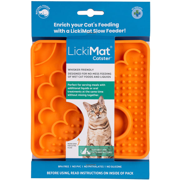 LickiMat Catser Slow-Down Cat Eating Mat with Built-in Bowl, Non-Slip Orange Design