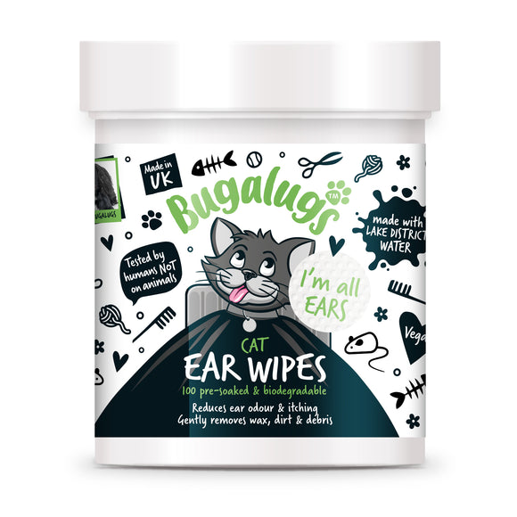 Bugalugs Cat Soothing Ear Wipes – Biodegradable Cotton Pads, Gentle Cleaning, 100 Pack