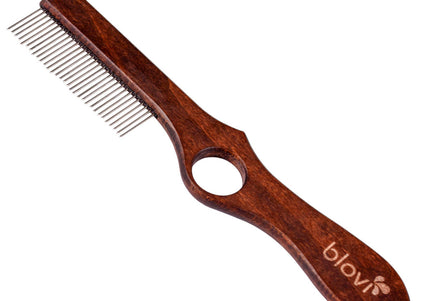 Blovi Brown Wood Grooming Comb 25cm – Rotating Teeth and Finger Hole, Ergonomic Design