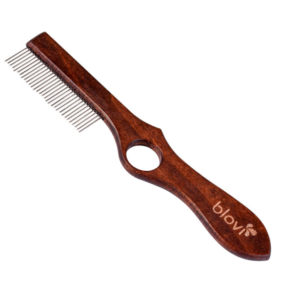 Blovi Brown Wood Grooming Comb 25cm – Rotating Teeth and Finger Hole, Ergonomic Design