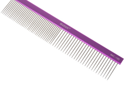 Madan Professional Light Comb 19cm – Lightweight Aluminum Handle, Mixed Tooth Spacing, Purple
