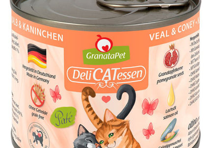 GranataPet DeliCatessen Wet Cat Food – Grain-Free Veal and Rabbit Recipe, 200g Can