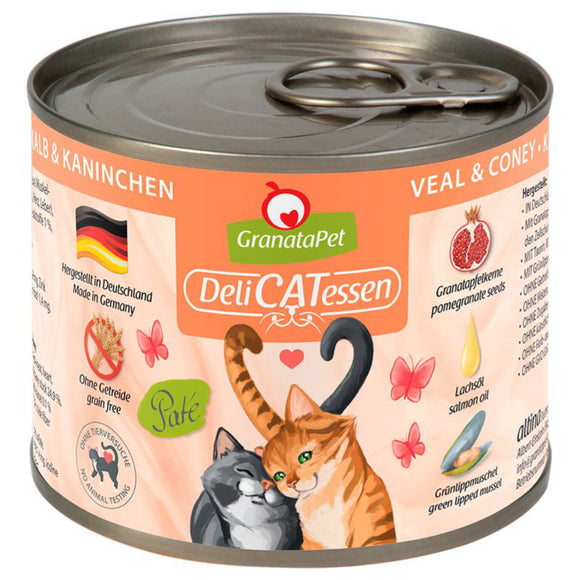 GranataPet DeliCatessen Wet Cat Food – Grain-Free Veal and Rabbit Recipe, 200g Can