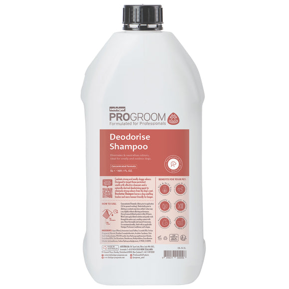 ProGroom Deodorise Shampoo – Concentrated Odor-Removing Formula, 1:6 Dilution, 5L Bottle
