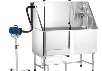 Blovi Free Standing Stainless Steel Grooming Bath – Tub with Steps and Left Sliding Door