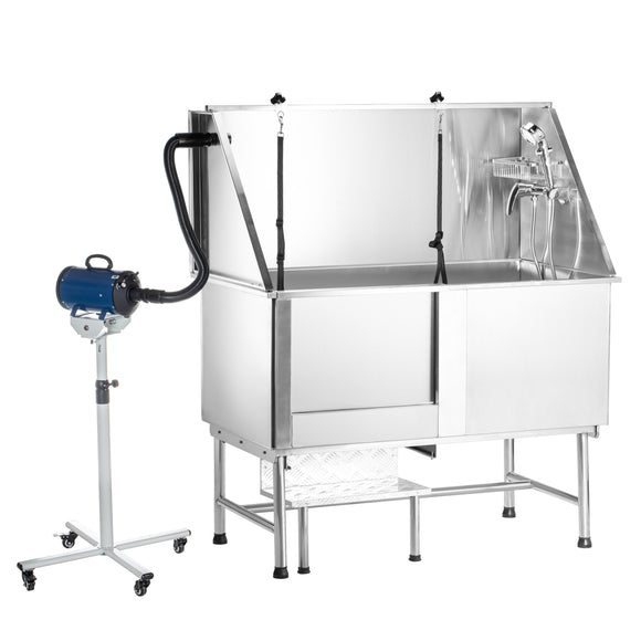 Blovi Free Standing Stainless Steel Grooming Bath – Tub with Steps and Left Sliding Door