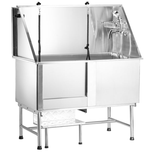 Blovi Free Standing Stainless Steel Grooming Bath – Tub with Steps and Left Sliding Door