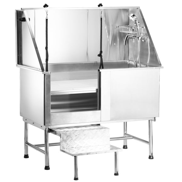 Blovi Free Standing Stainless Steel Grooming Bath – Tub with Steps and Left Sliding Door