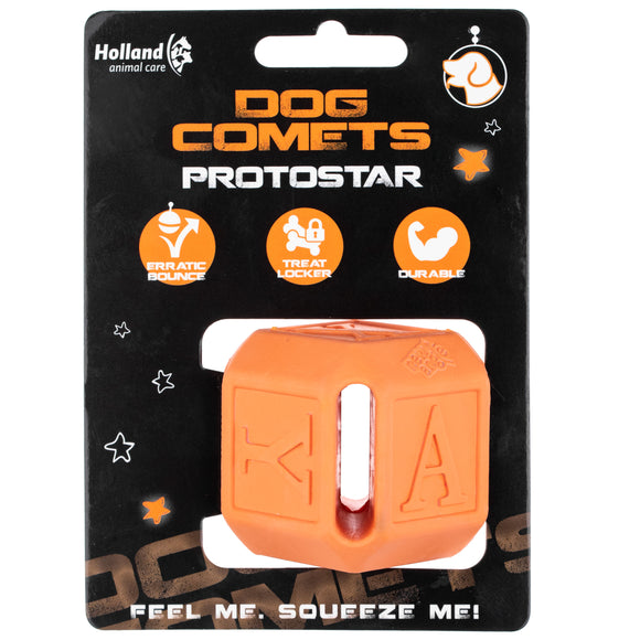 Dog Comets Protostar Rubber Treat Toy 5cm – Bouncing Cube, Durable Orange Design