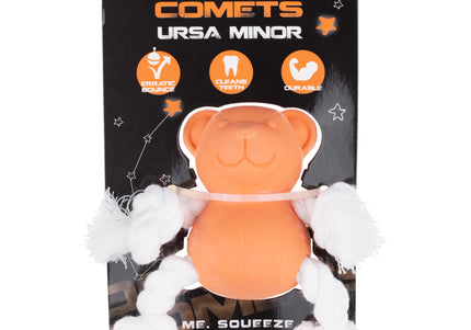 Dog Comets Ursa Minor Mini Fetch Toy – 7cm Rubber Teddy Bear with Ropes, Orange