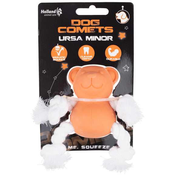Dog Comets Ursa Minor Mini Fetch Toy – 7cm Rubber Teddy Bear with Ropes, Orange