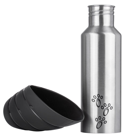 Flamingo Fin Portable Water Dispenser 750ml – Stainless Steel Bottle with Integrated Bowl