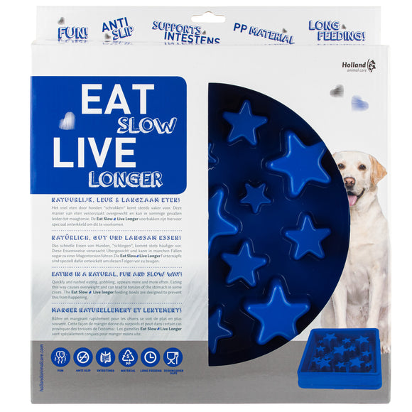 Eat Slow Live Longer Star Square Dog Bowl 30cm – Red, Anti-Gulping Design with Star Pattern