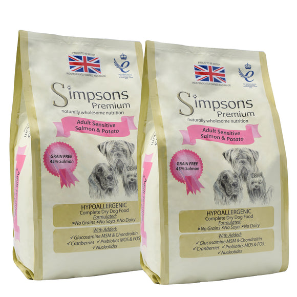 Simpsons Premium Adult Sensitive Salmon and Potato Dog Food – Hypoallergenic Formula, 2 x 12kg Bags