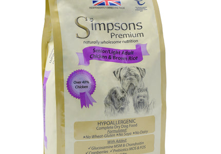 Simpsons Premium Senior Light Chicken & Brown Rice Dog Food – 12kg, Balanced Nutrition Formula