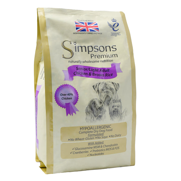 Simpsons Premium Senior Light Chicken & Brown Rice Dog Food – 12kg, Balanced Nutrition Formula