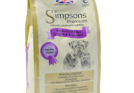 Simpsons Premium Senior Light Chicken and Brown Rice Dog Food – 2kg, Balanced Nutrition