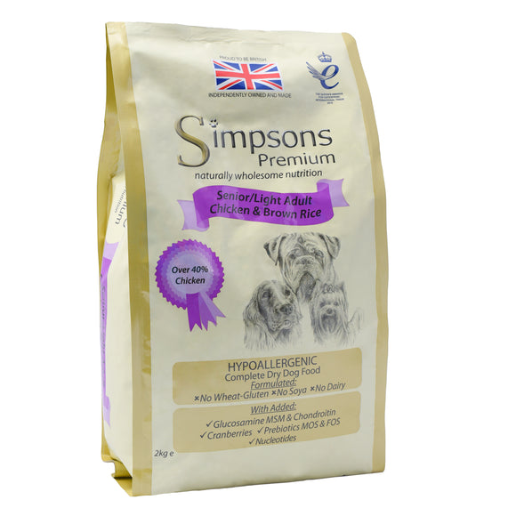 Simpsons Premium Senior Light Chicken and Brown Rice Dog Food – 2kg, Balanced Nutrition