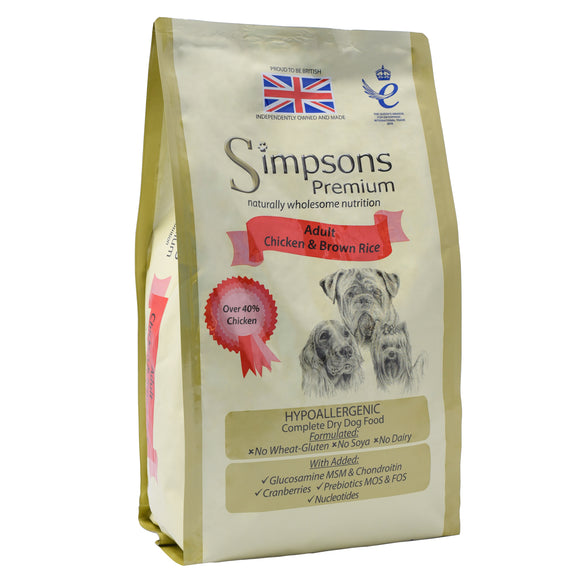 Simpsons Premium Adult Chicken & Brown Rice Dog Food – 12kg Complete Balanced Nutrition