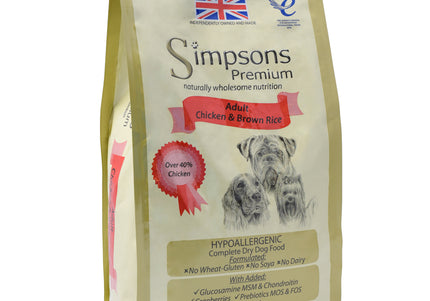 Simpsons Premium Adult Chicken and Brown Rice Dog Food – Natural Recipe, 2kg Bag