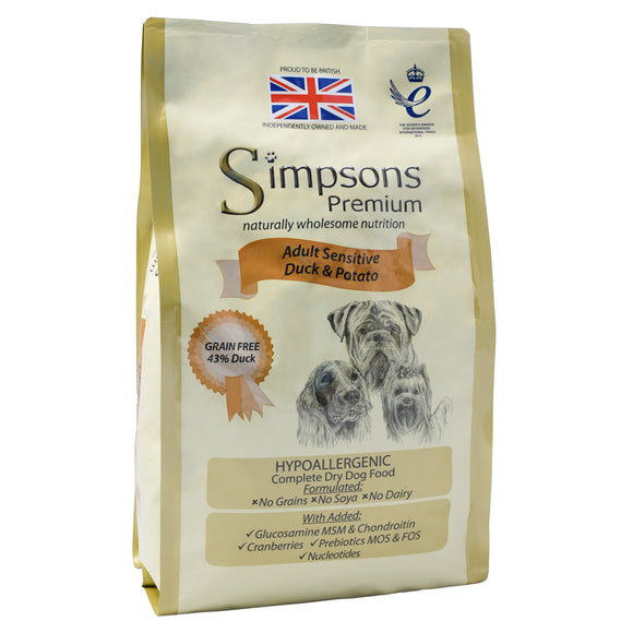 Simpsons Premium Adult Sensitive Duck and Potato Dog Food – Hypoallergenic, 12kg Bag
