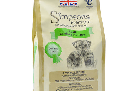 Simpsons Premium Adult Lamb and Brown Rice Dog Food – 12kg Complete Balanced Nutrition