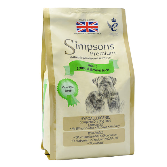Simpsons Premium Adult Lamb and Brown Rice Dog Food – 12kg Complete Balanced Nutrition