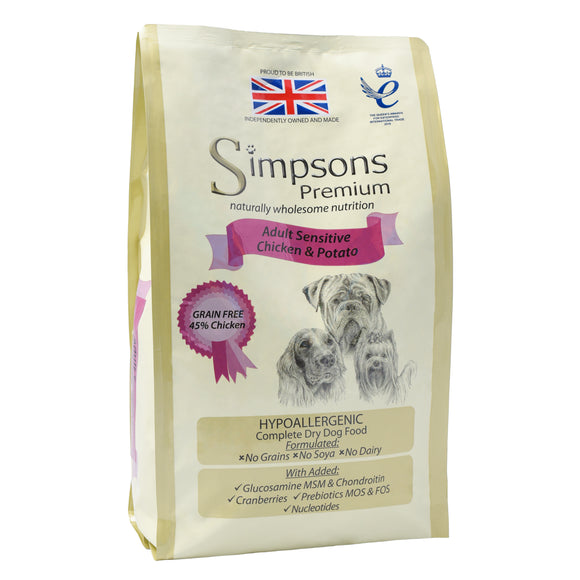 Simpsons Premium Adult Sensitive Chicken & Potato Dog Food – Hypoallergenic Formula, 12kg Bag