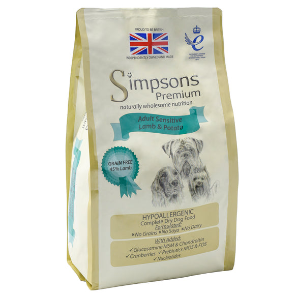 Simpsons Premium Adult Sensitive Lamb and Potato Dog Food – Hypoallergenic Recipe, 12kg Bag