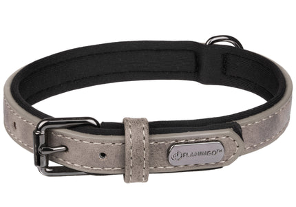 Flamingo Delu Taupe Padded Dog Collar – Eco Leather and Neoprene, XL, Gray