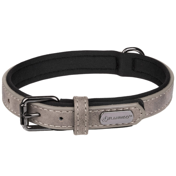 Flamingo Delu Taupe Padded Dog Collar – Eco Leather and Neoprene, XL, Gray
