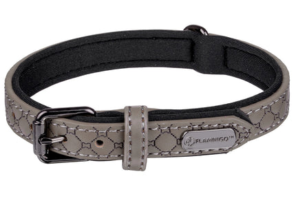 Flamingo Patti Grey Dog Collar – Elegant Eco-Leather and Neoprene, Lined, Embossed Pattern, Large Size