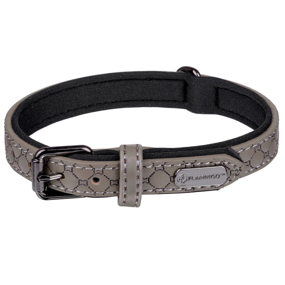 Flamingo Patti Grey Dog Collar – Elegant Eco-Leather and Neoprene, Lined, Embossed Pattern, Large Size