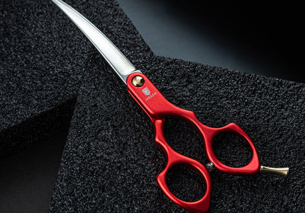 Jargem Asian Style Light Curved Scissors 6" – Ultra-Light Red Blades for Precision Grooming