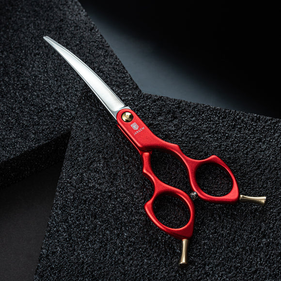 Jargem Asian Style Light Curved Scissors 6" – Ultra-Light Red Blades for Precision Grooming