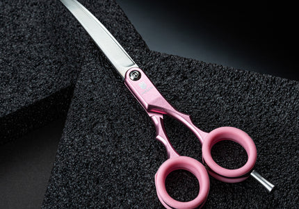 Jargem Asian Style Light Curved Scissors 6.5" – Ultra-Light Red Blades with Colored Rings