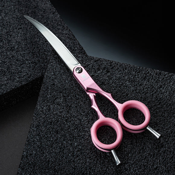 Jargem Asian Style Light Curved Scissors 6.5" – Ultra-Light Red Blades with Colored Rings
