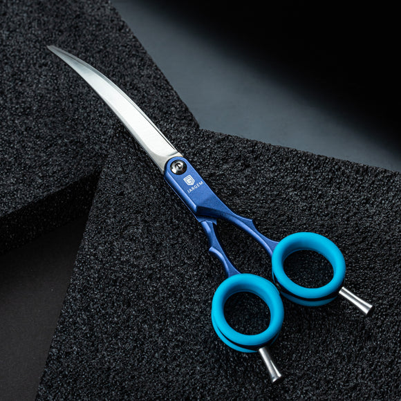 Jargem Asian Style Light Curved Scissors 6.5" – Ultra-Light Red Blades with Colored Rings