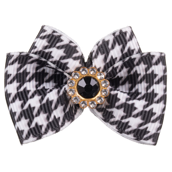Blovi Bow Glamour Handmade Houndstooth Bow with Decorative Stone, White Accent